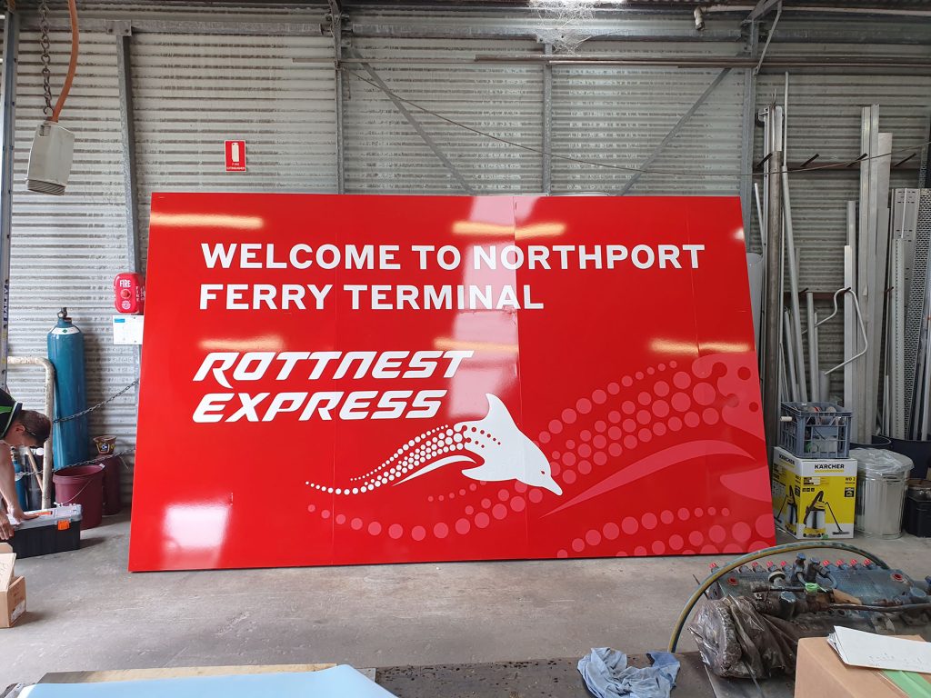 A metal sign for Rottnest Express at Northport
